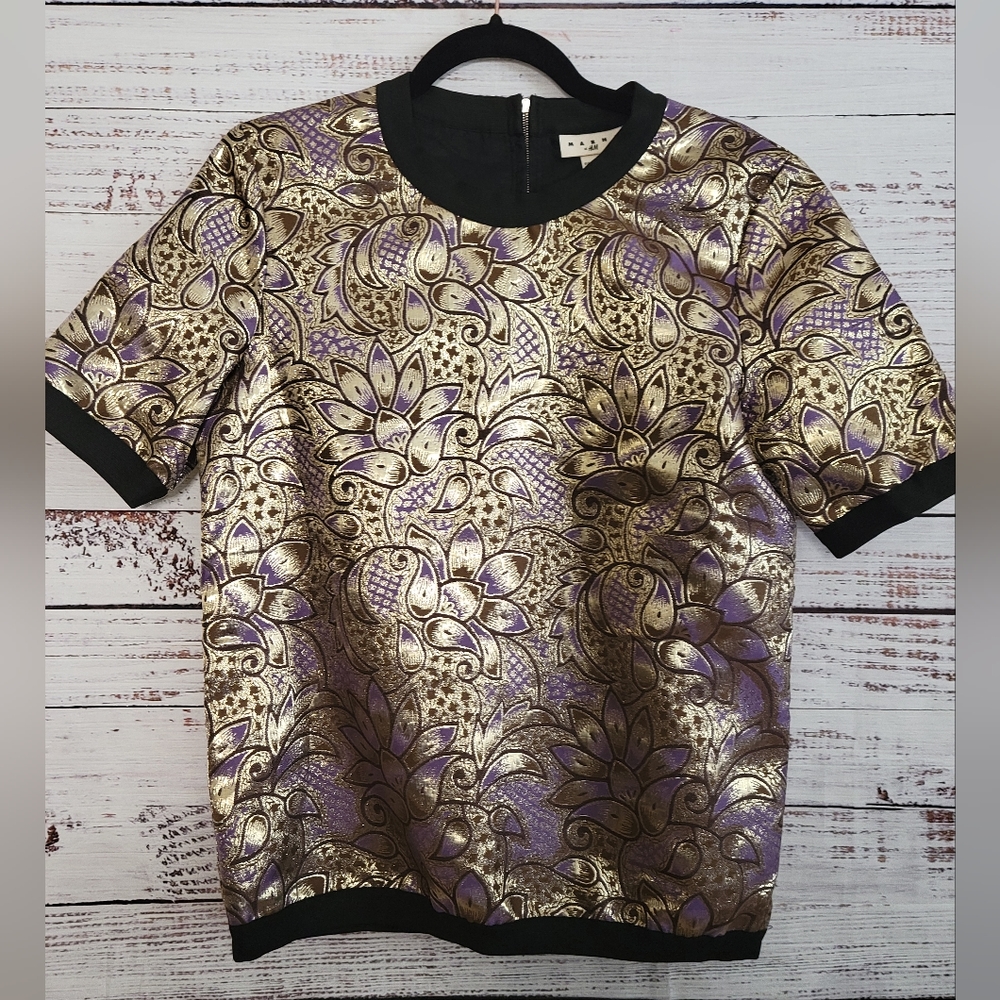 MARNI for  H&M Gold Metallic and Purple Jacquard Floral Shirt S4